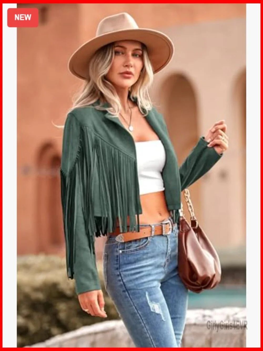 Faux Suede Fringe Cropped Jacket, Motorcycle Style, Fitted, Long Sleeve - Picture 5 of 7